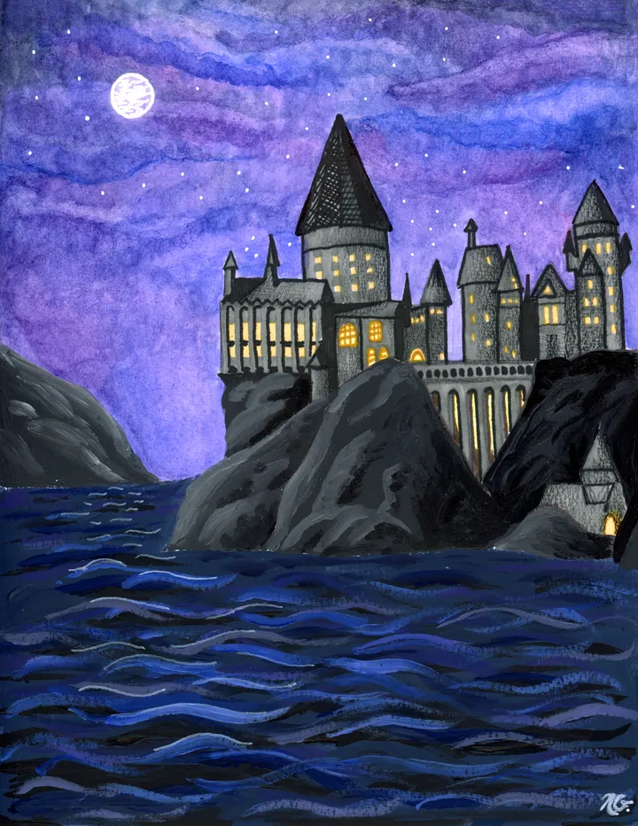 Hogwarts castle painting — night scene