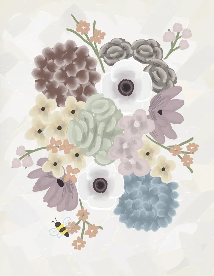 Finished digital mockup of a muted floral bouquet with a bee
