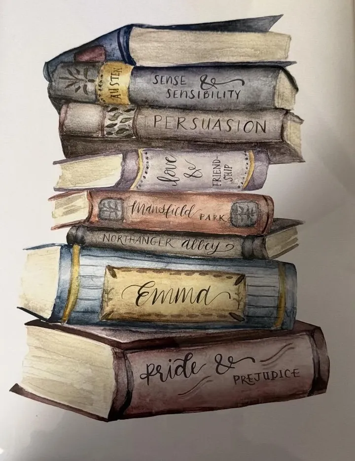 Watercolour print of a stack of classic books (the customer's existing artwork)