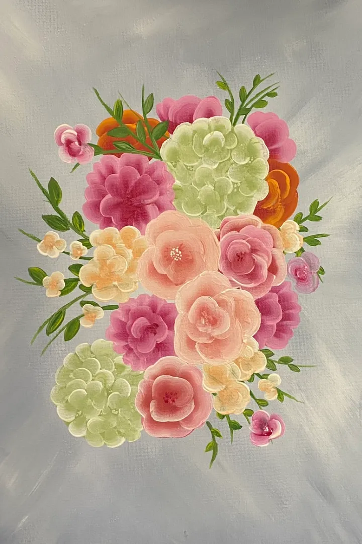 Floral bouquet painting — pink and peach flowers on grey
